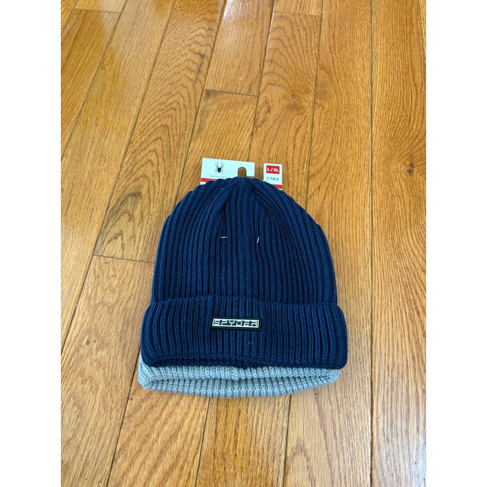 Spyder Kids Beanie 2 Pack Navy Blue Grey Ribbed Knit‎ Hat L/XL OBSP945 NEW $44